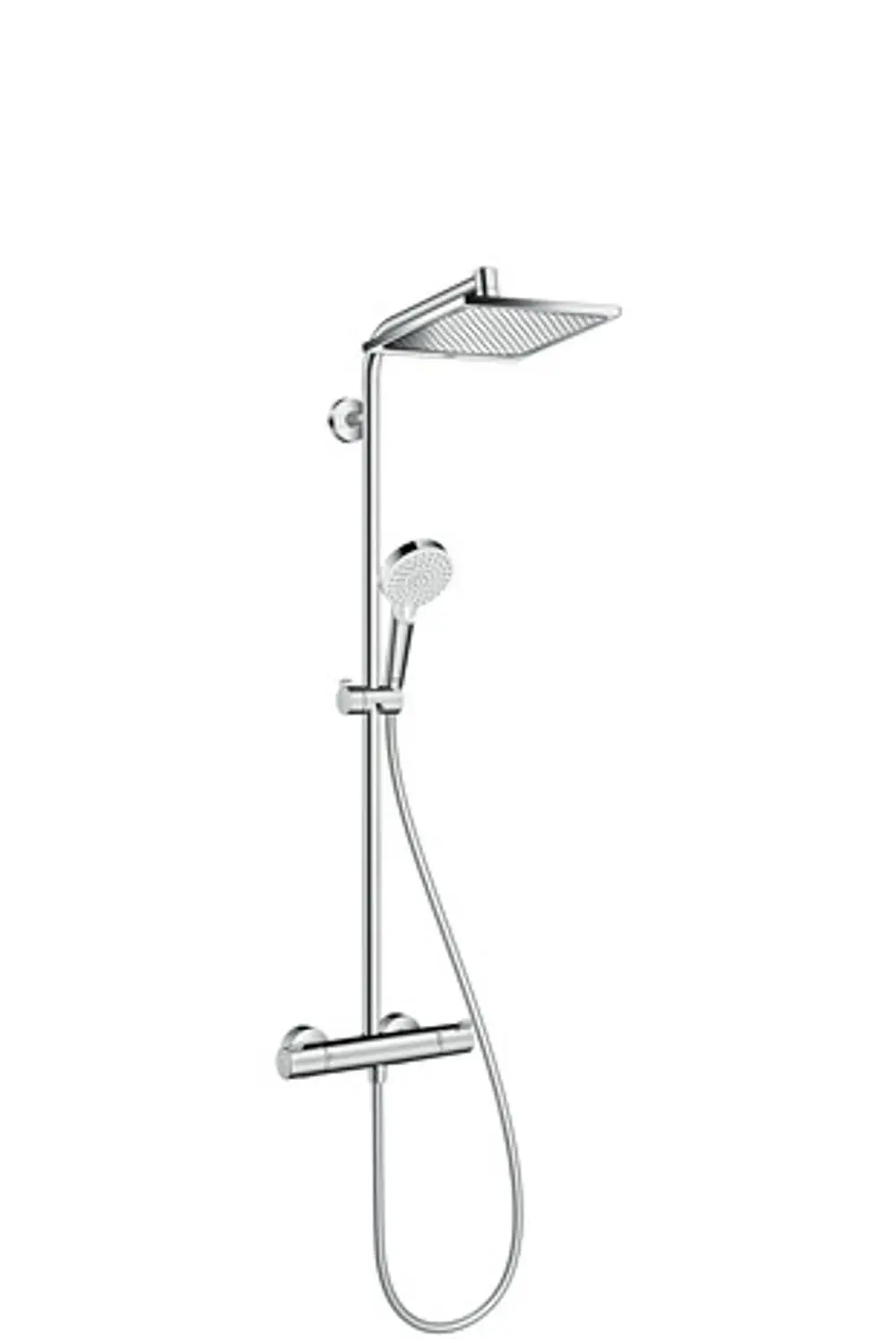 Hansgrohe Duschsystem mit einer Kopf- und Handbrause. Das System verfügt über einen Thermostat zur Temperaturregelung und eine verchromte Oberfläche.
